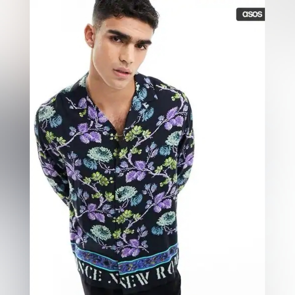 Asos Men's Relaxed Revere Shirt Black Floral